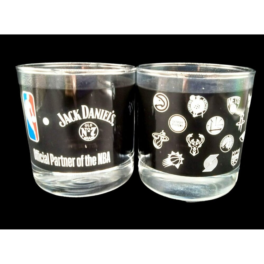 Pair of Jack Daniels Old No 7 NBA Drinking Rocks Glasses Team Logos Barware 3.25